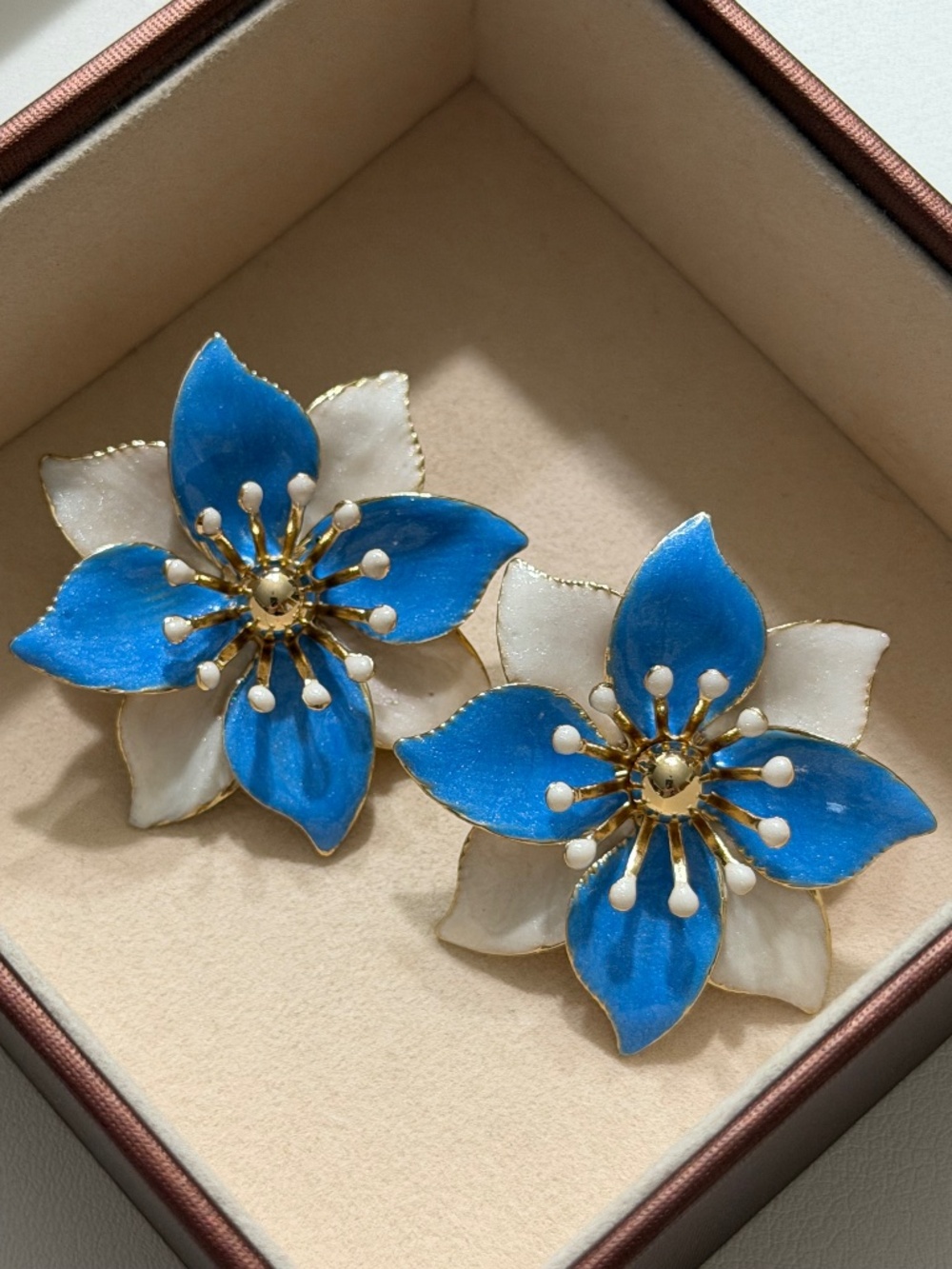 Vintage Elegant Blue White Double-layer Floral Enamel Statement Earrings